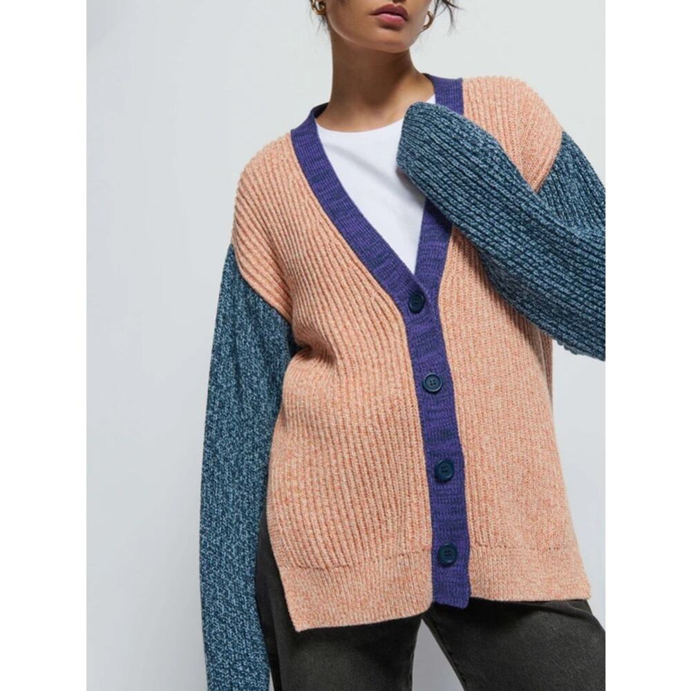 Nation LA Colorblock Ribbed Cardigan Small 80s‎ Drop-Shoulder Knitwear